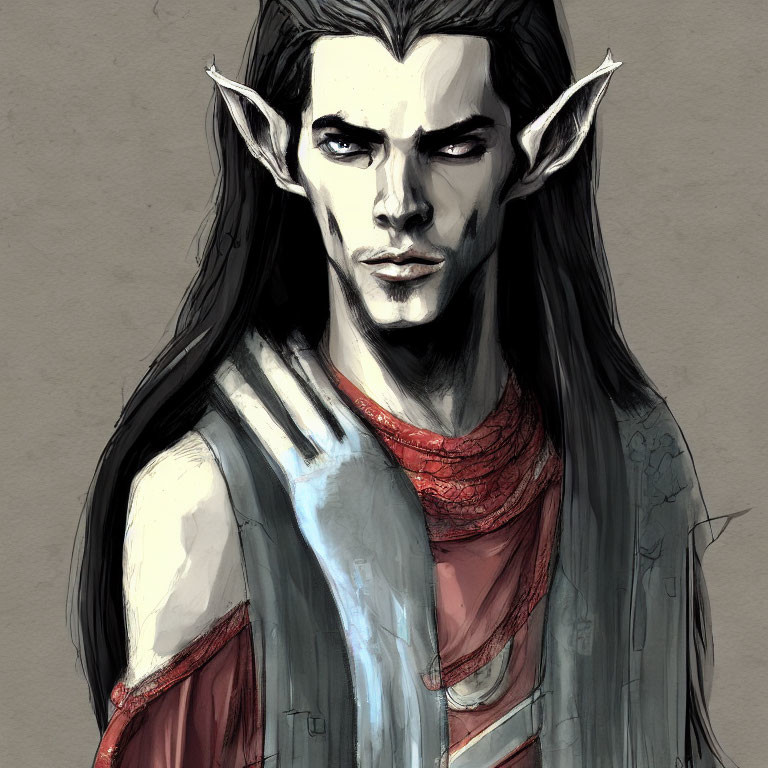 Detailed digital illustration of stern elf in red scarf and armor on grey background