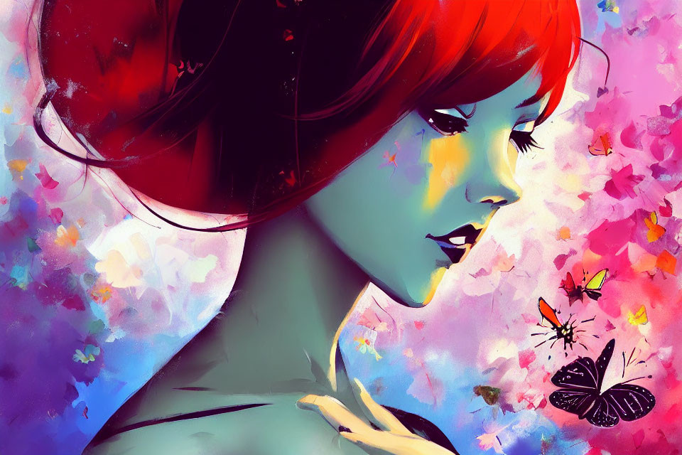 Vibrant Illustration of Woman with Red Hair and Floral Elements