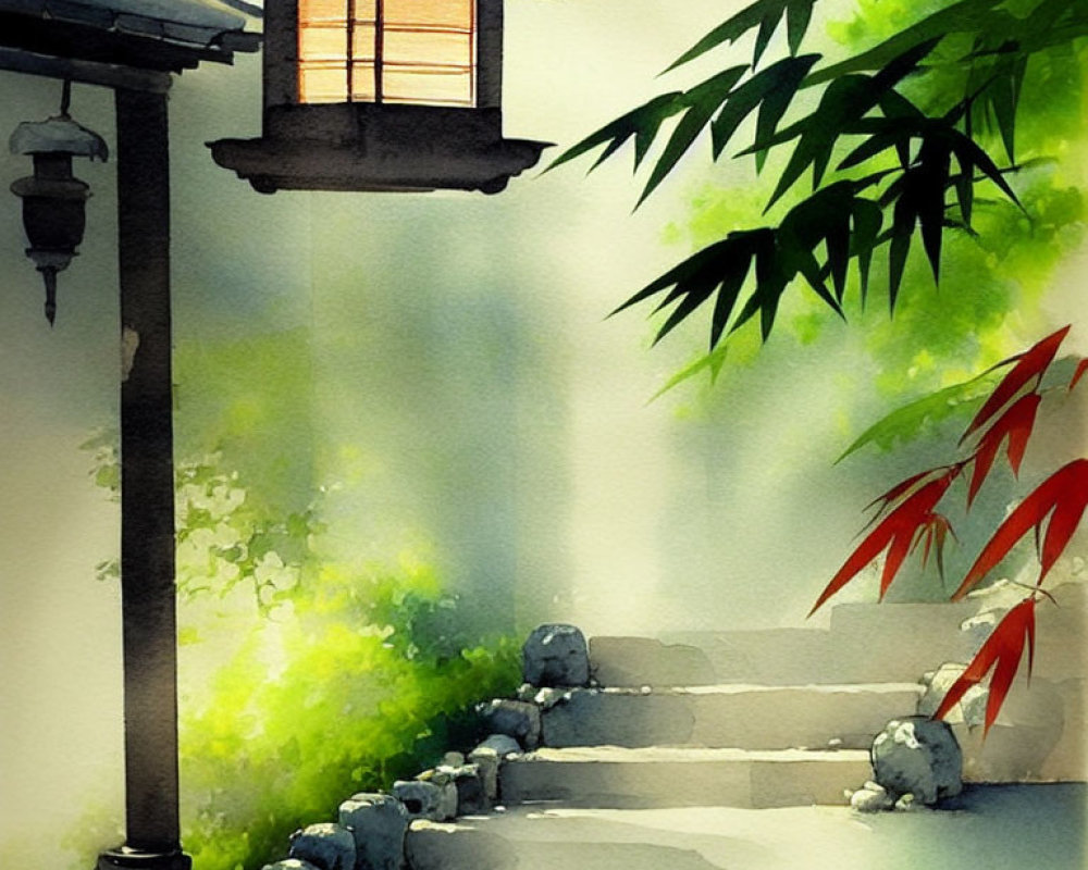Tranquil watercolor painting of lantern on stone steps amid lush greenery