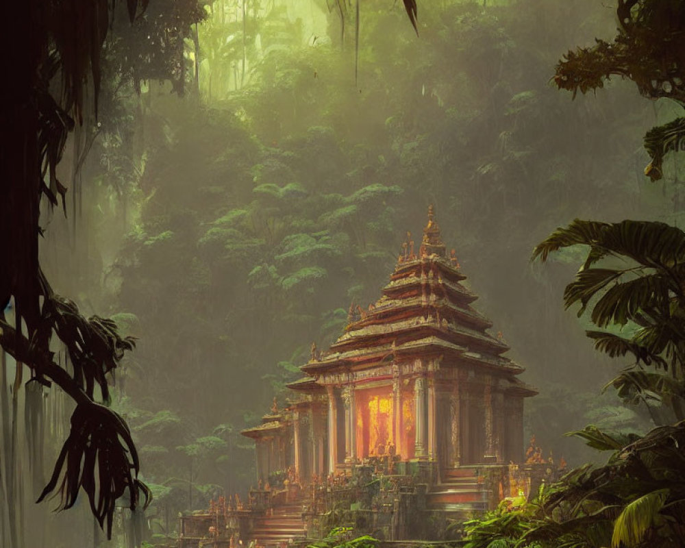 Ancient temple in misty jungle with warm light