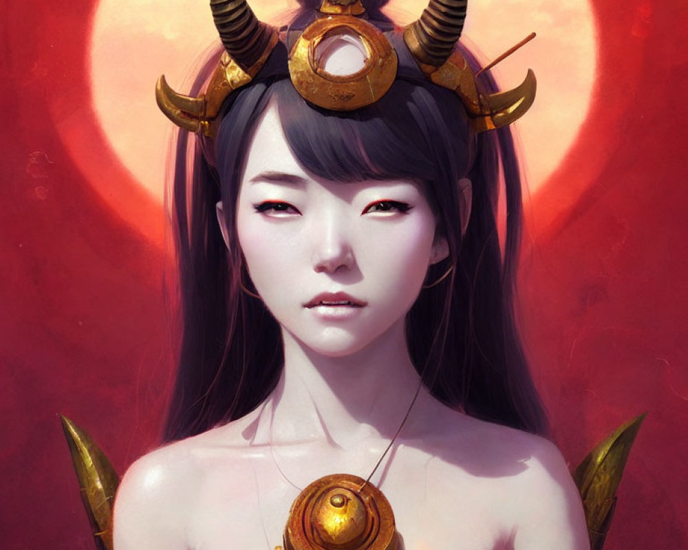 Illustration of female figure in golden helmet and armor on red background