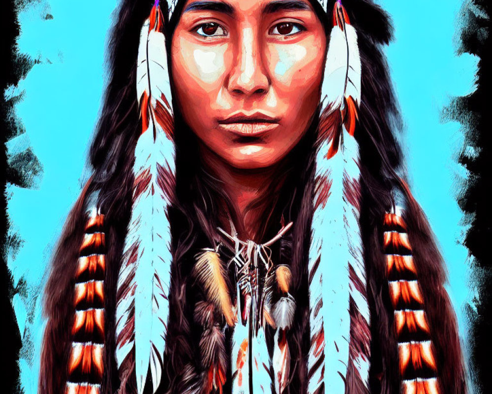 Digital painting of person in indigenous attire with feathered headdress on turquoise background