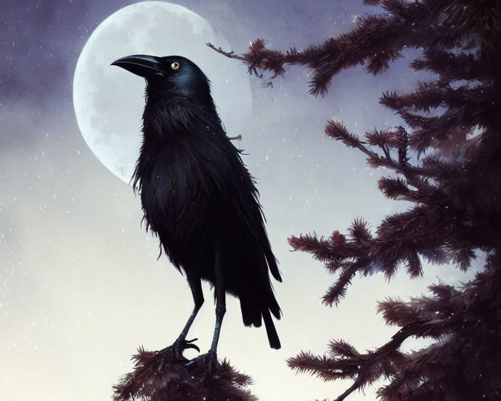Raven perched on branch under full moon