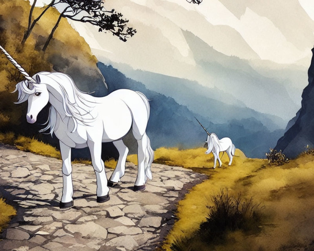White unicorns with spiraling horns on stone trail in foggy mountain landscape
