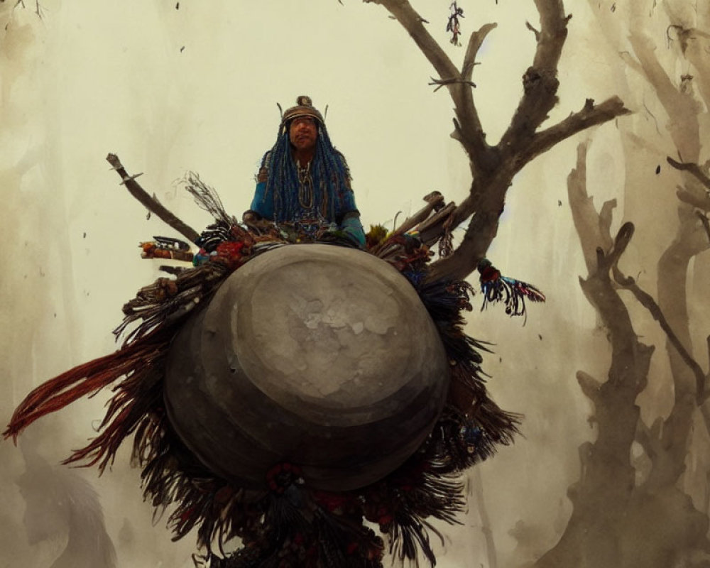 Colorful tribal attire figure on large spherical structure among leafless trees