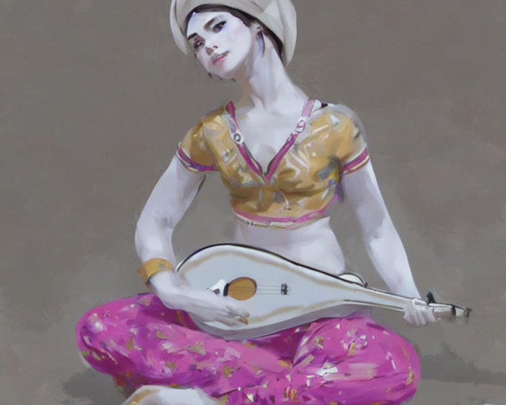 Person in Turban with Yellow Top & Pink Pants Playing Stringed Instrument