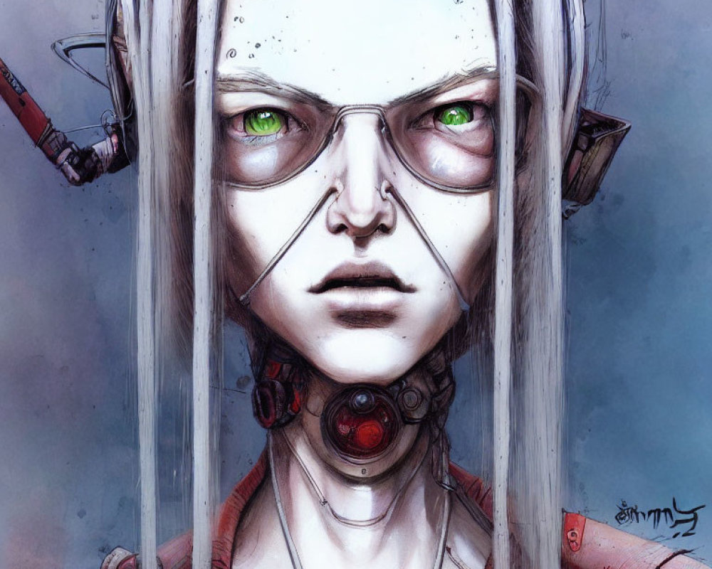 Detailed Close-Up Illustration of Person with Green Eyes and Futuristic Headset