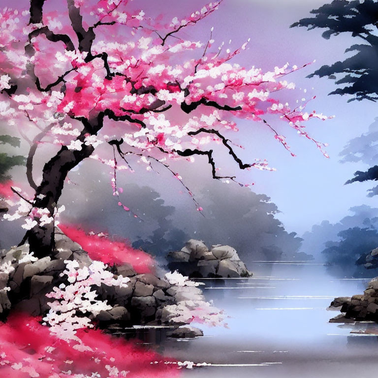 Pink Cherry Blossom Tree Over Tranquil Lake in Misty Landscape