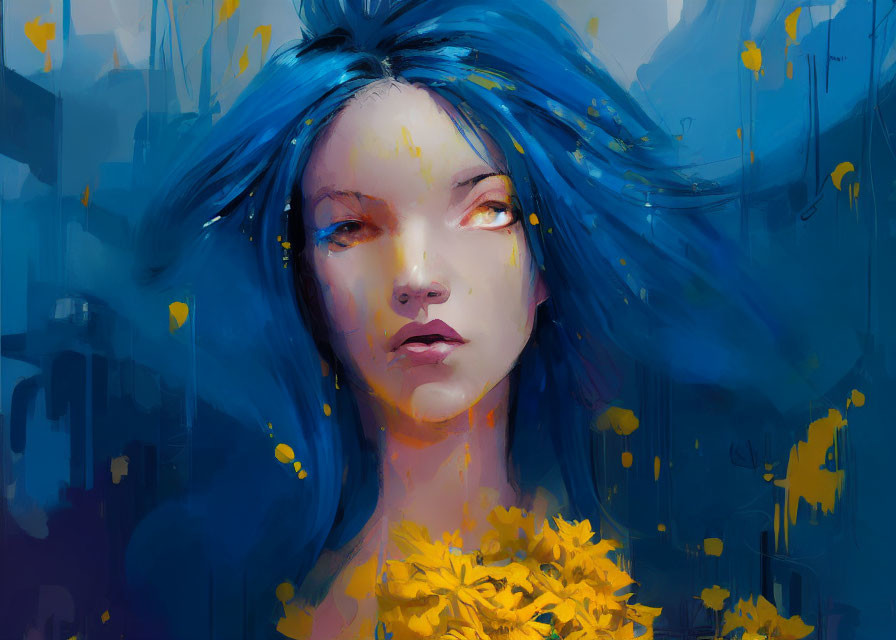 Portrait of a person with blue hair and yellow flowers on abstract blue and yellow background