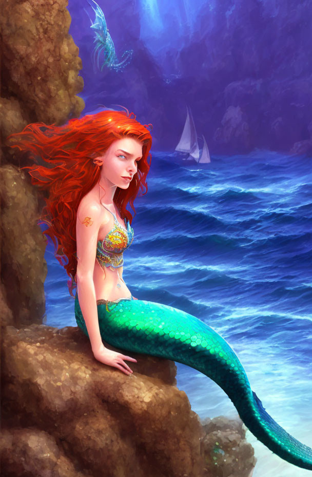 Red-Haired Mermaid with Green Tail on Rocky Cliff by the Sea