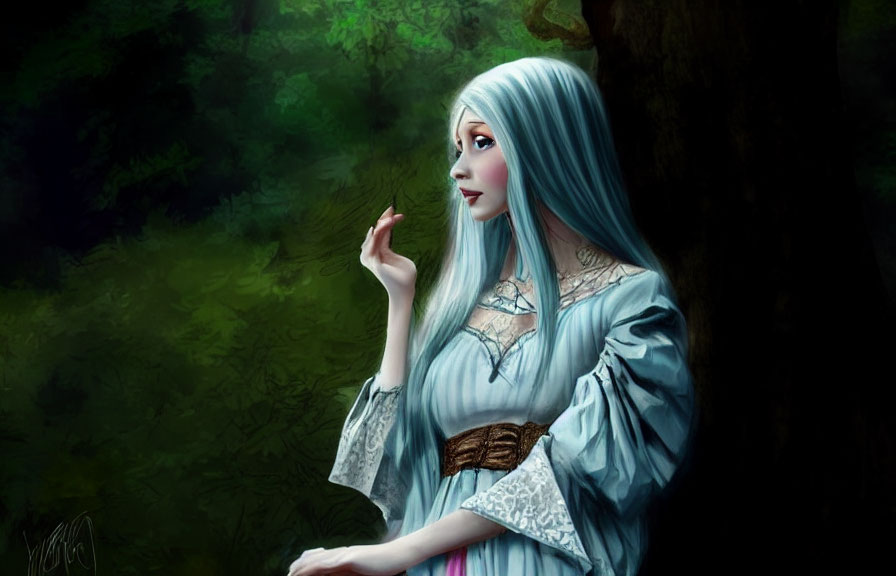 Blue-haired woman in medieval dress amid lush forest