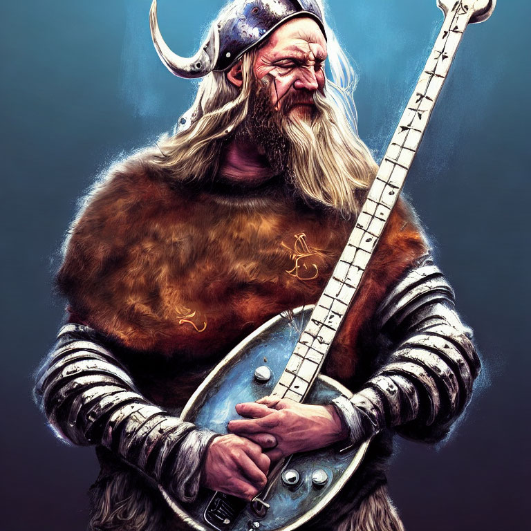 Bearded Viking in Armor with Electric Guitar and Rune Symbol