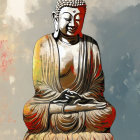 Seated Buddha figure in meditation with vibrant watercolor background