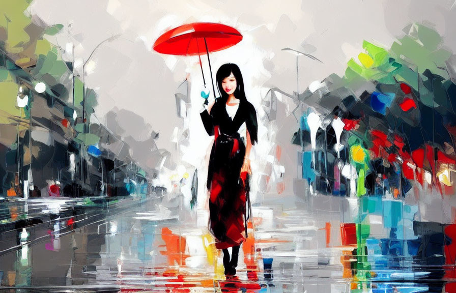 Black-haired woman in black outfit with red umbrella walking on colorful wet street
