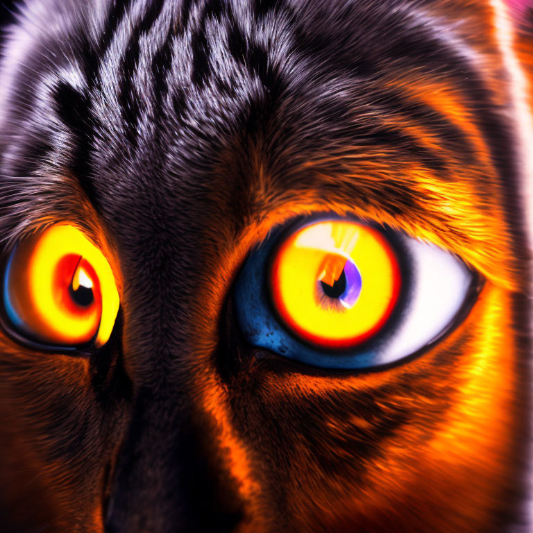 Intense yellow eyes of a cat in close-up with blue and orange gradient.