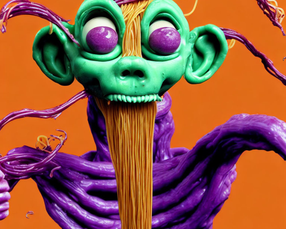 Colorful Creature with Green Skin, Big Ears, Purple Eyes, and Spaghetti Hair on Orange
