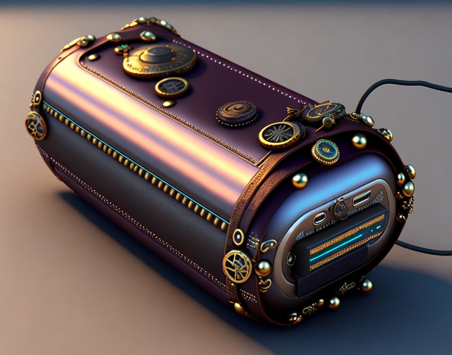 Steampunk-inspired 3D-rendered cylinder device with gold details and USB interface