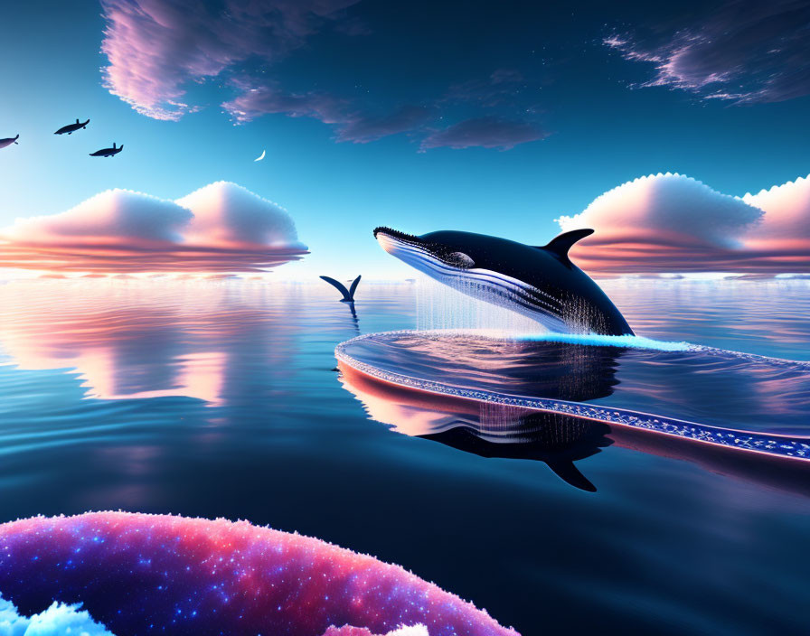 Whale leaping from clear ocean with surreal coral structure under twilight sky