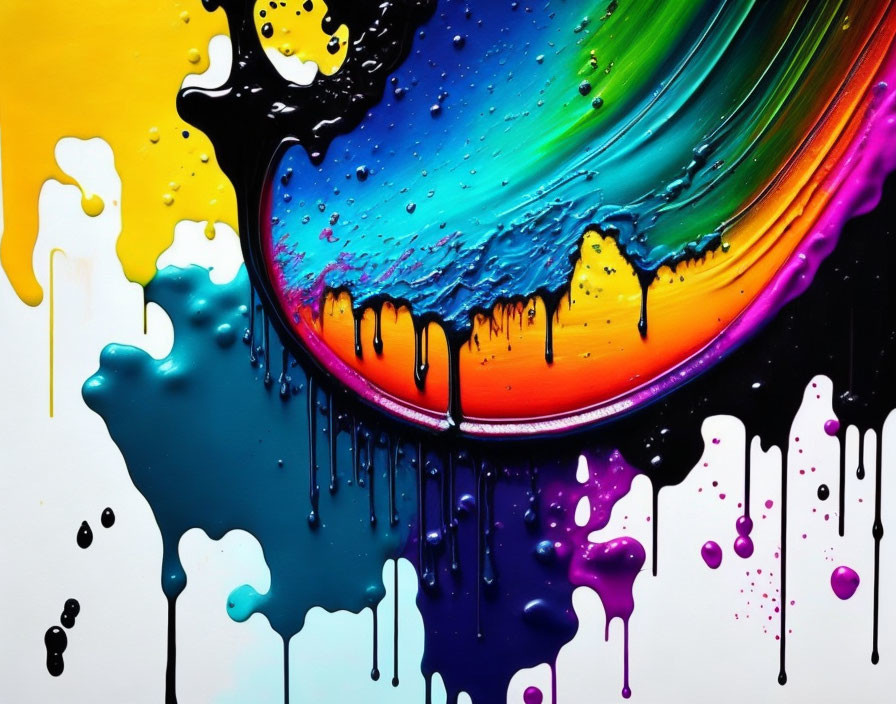 Colorful Abstract Art: Glossy Multicolored Paint Swirls on White Background