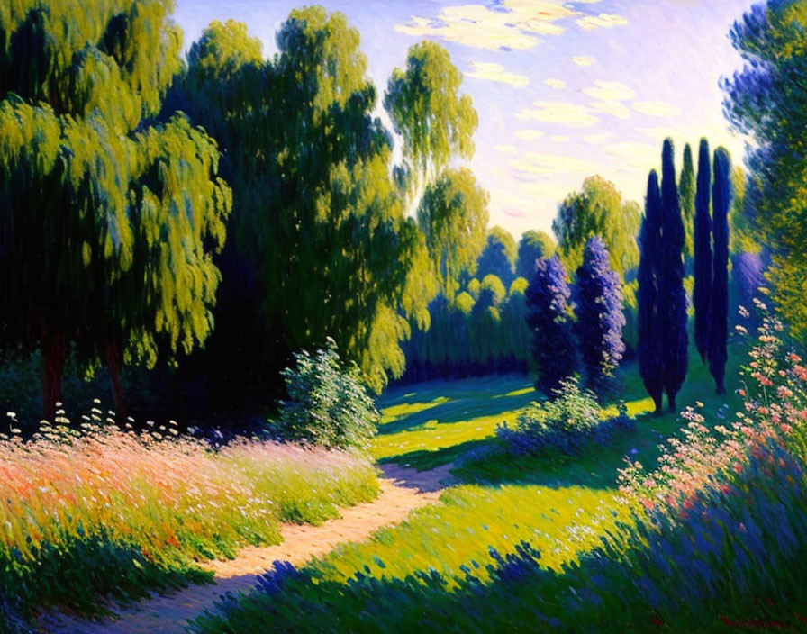 Tranquil landscape with weeping willows, cypress trees, winding path, and wildflowers