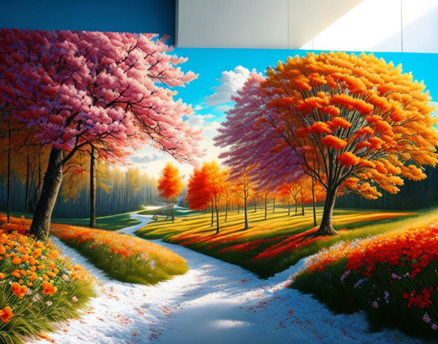 Colorful Landscape with Cherry Blossoms, Autumn Trees, Dividing Paths, and Flowers under Clear Sky