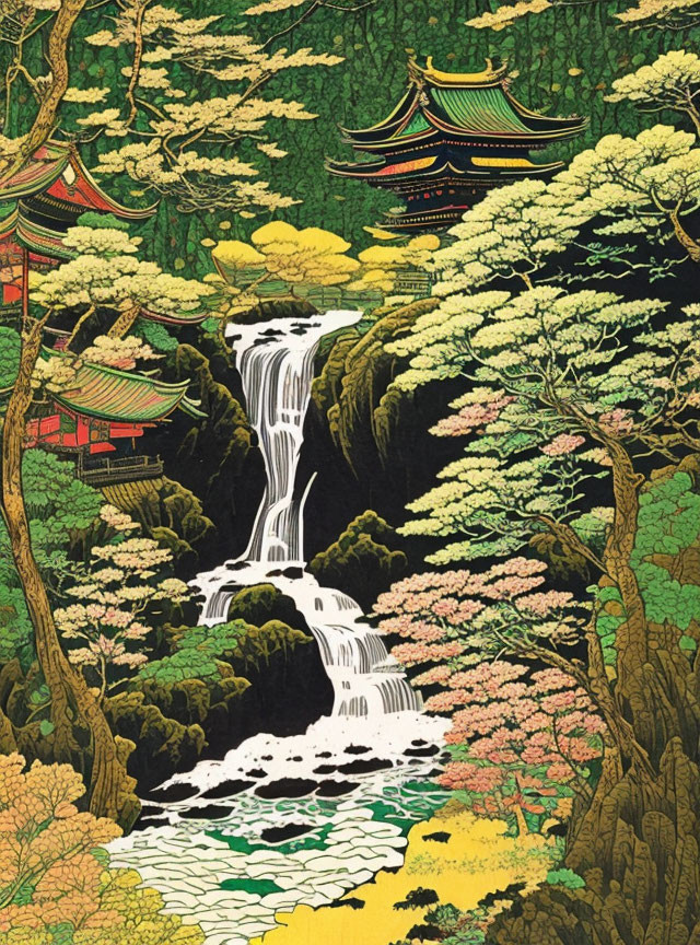 Waterfall Japanese woodcut style
