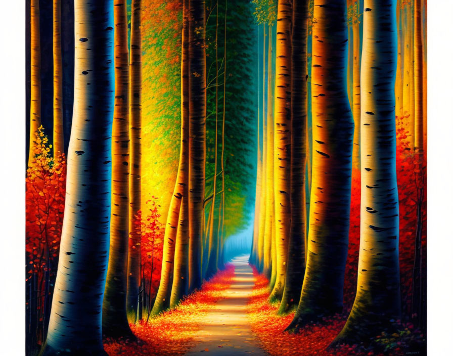 Tranquil forest path with tall birch trees in autumn