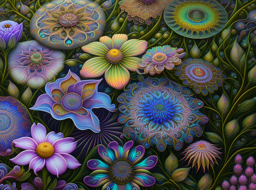 Intricate Stylized Flowers in Rich, Glowing Digital Art