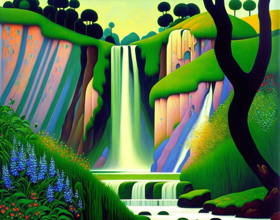 Vibrant painting of waterfall, greenery, cliffs, tree, and flowers