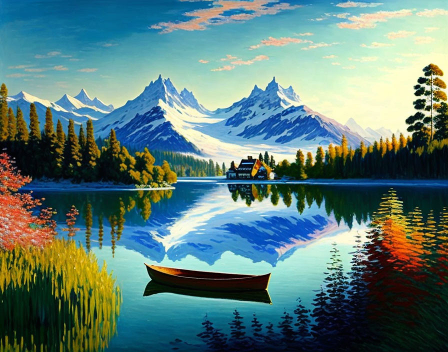 Serene mountain landscape painting with lake, colorful trees, cabin, and boat