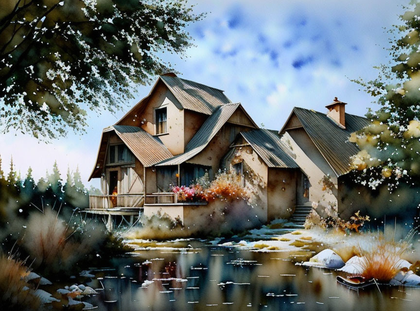 Rural house with wooden balcony in autumn setting near river