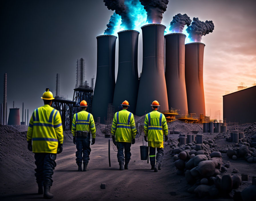 Workers in high-visibility jackets near smoking industrial cooling towers at dusk