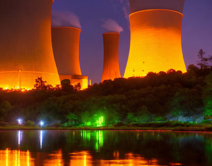 nuclear power plant by night glowing green