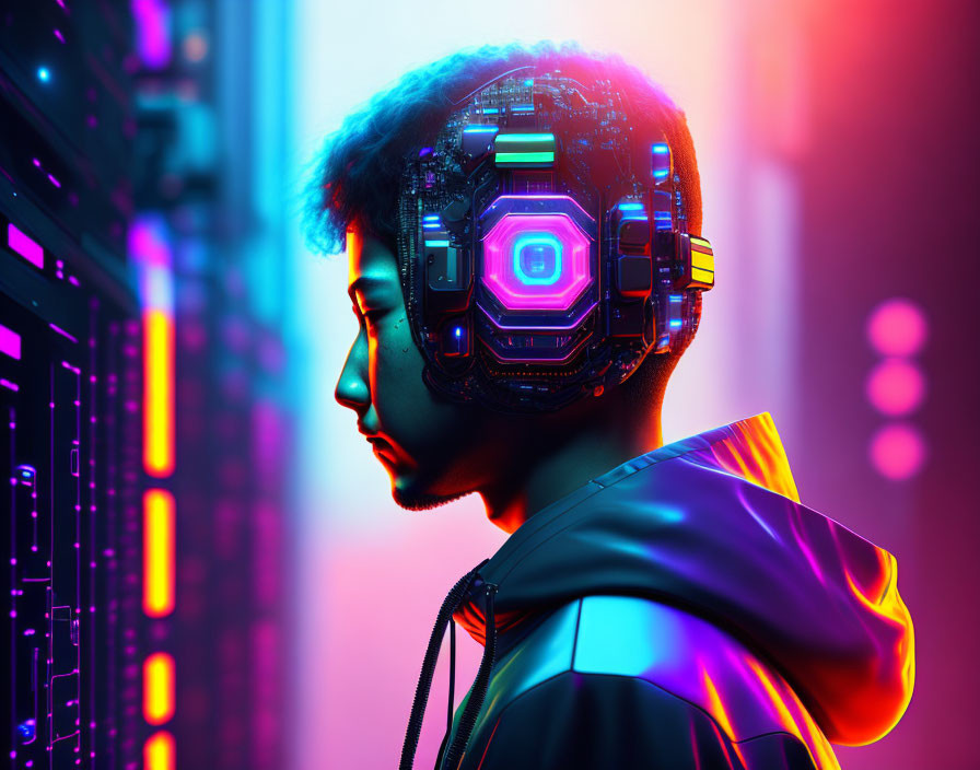 Futuristic cybernetic headset in neon-lit server room