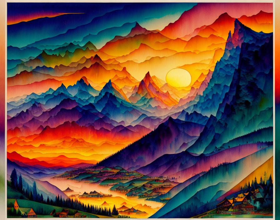 Colorful Mountain Range Painting with Sunset and Village