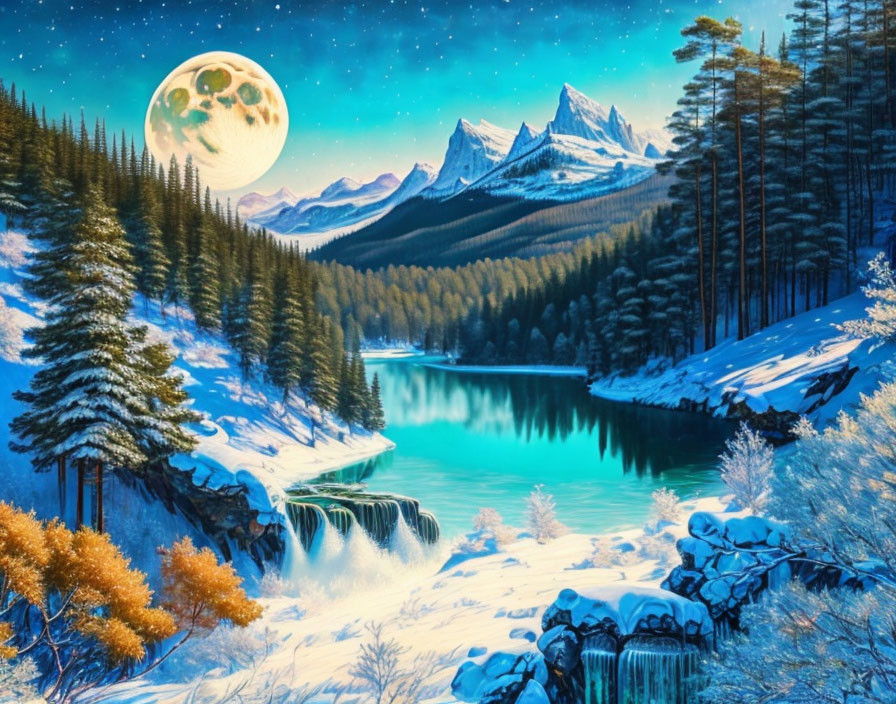 Vibrant nighttime landscape with snow-covered trees, waterfall, mountains, and oversized moon.