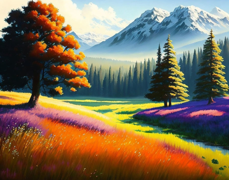 Colorful Meadow, Lush Trees, Lake, Snow-Capped Mountains: Vibrant Landscape Scene