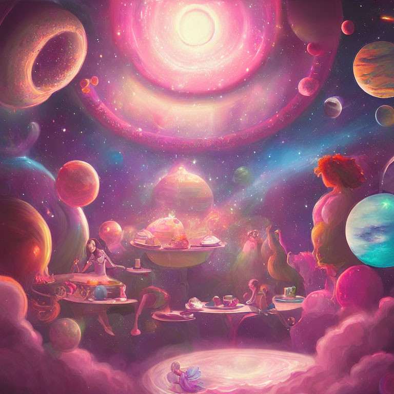 Colorful cosmic scene with people lounging among floating islands and planets.