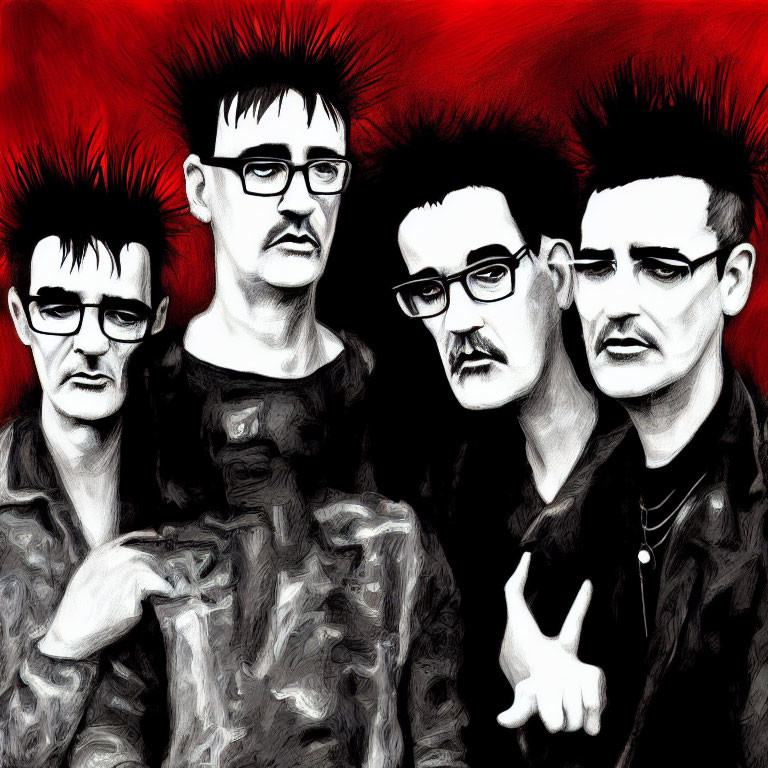 Four animated male figures with spiked hair and glasses on red and black background.