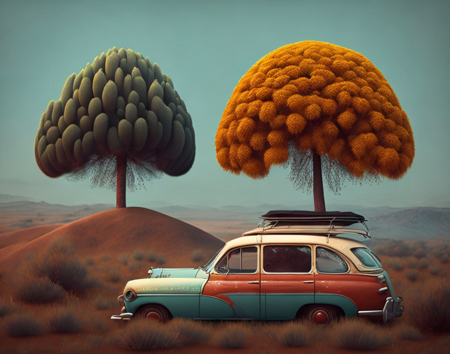 Vintage Station Wagon in Desert with Stylized Trees