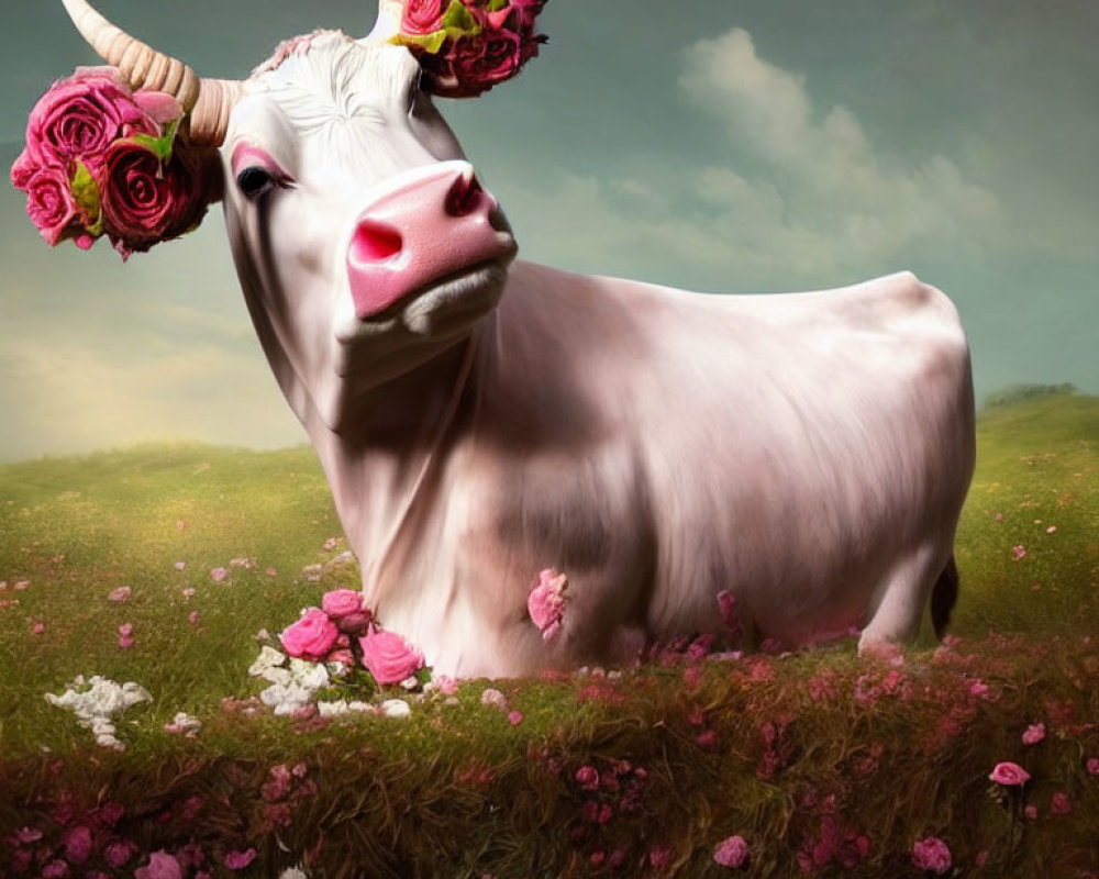 Cow with Pink Flowers in Lush Meadow Under Dreamlike Sky