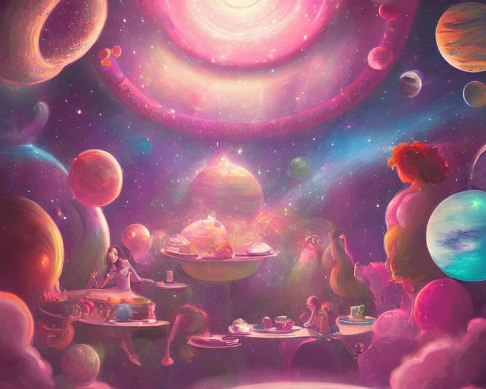 Colorful cosmic scene with people lounging among floating islands and planets.