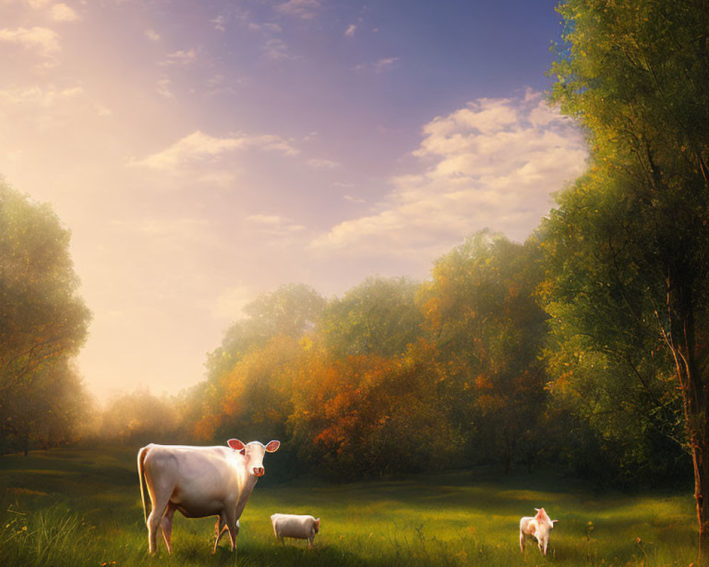 Tranquil landscape with white cow and calves in sunlit autumn meadow