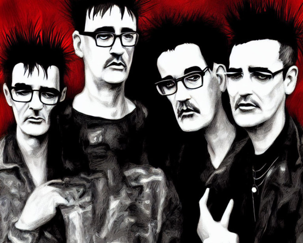 Four animated male figures with spiked hair and glasses on red and black background.