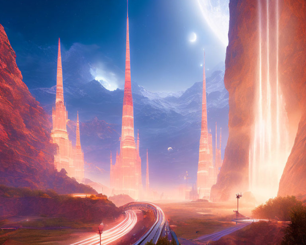 Futuristic twilight cityscape with spires, glowing waterfall, and light trails