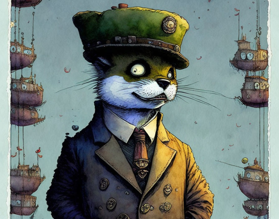 Anthropomorphic cat in military uniform with airships.
