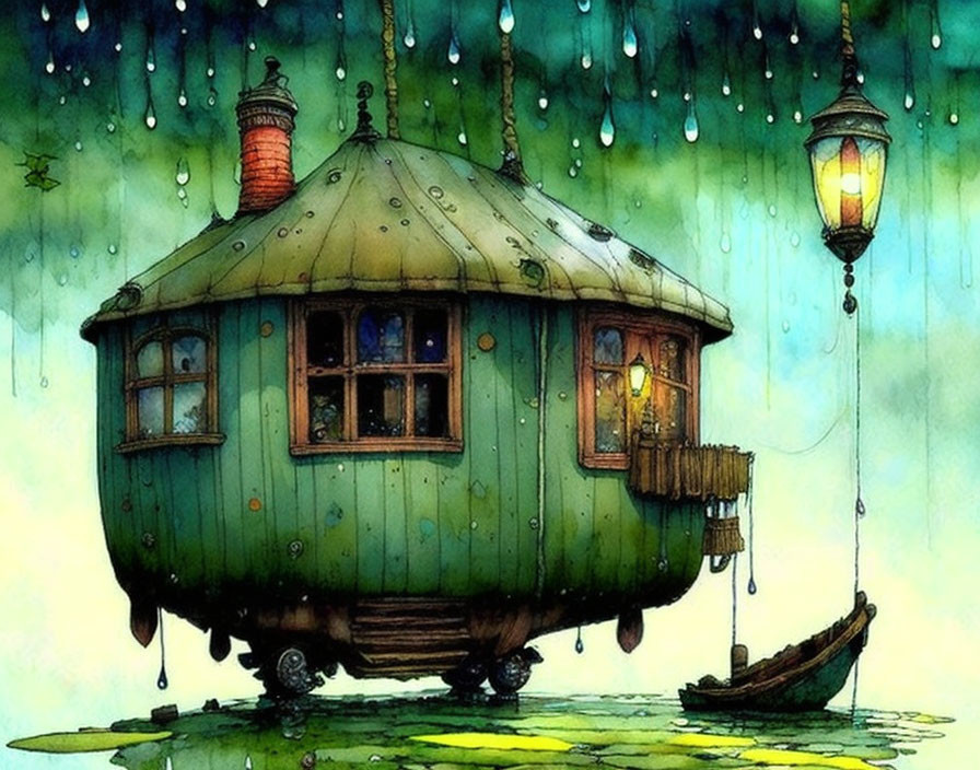 Round green floating house on water under rain with street lamp and boat