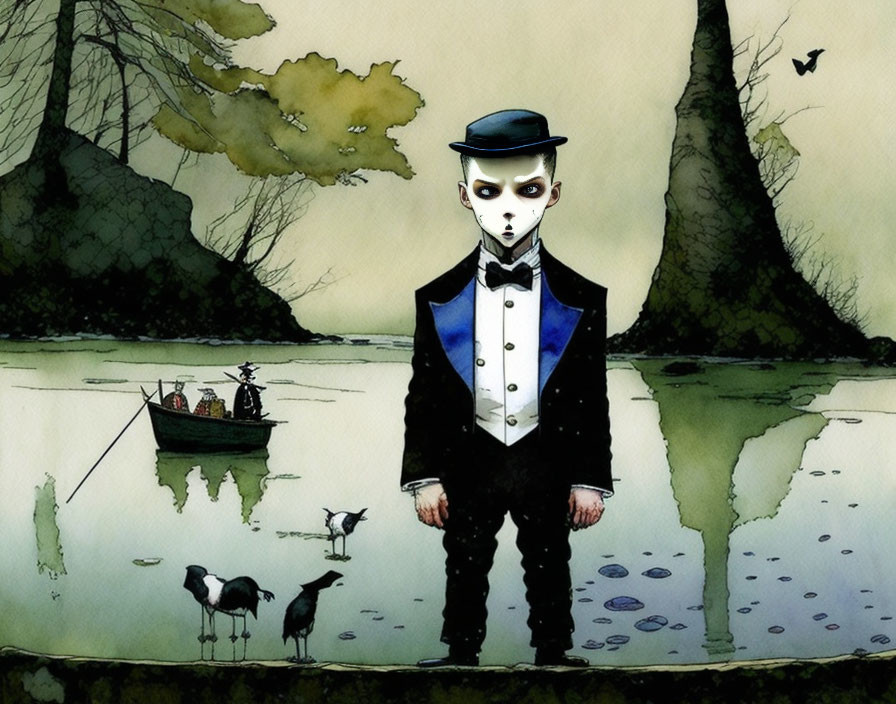 Illustration: Pale child in tuxedo by pond with birds and boat