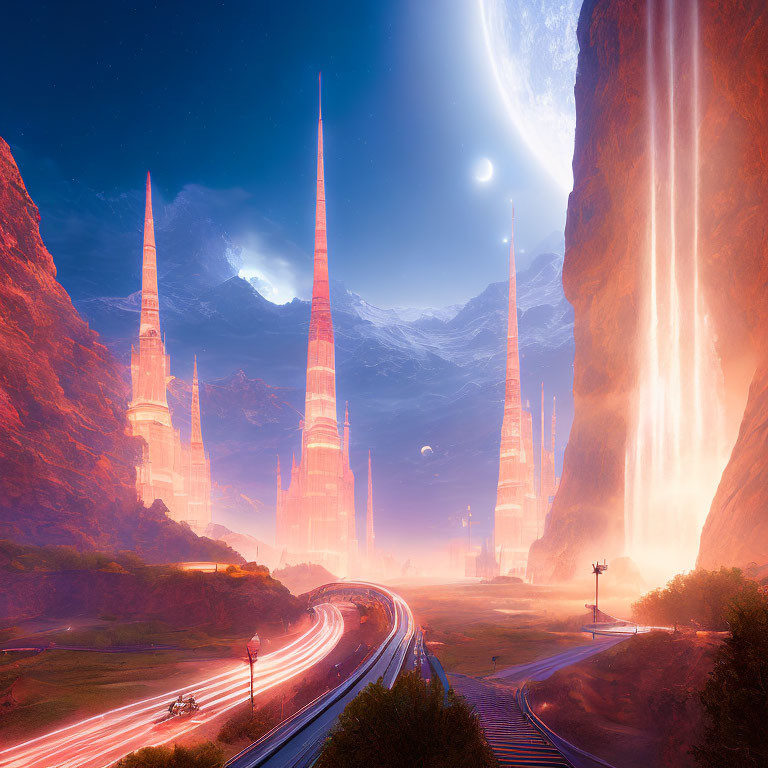 Futuristic twilight cityscape with spires, glowing waterfall, and light trails
