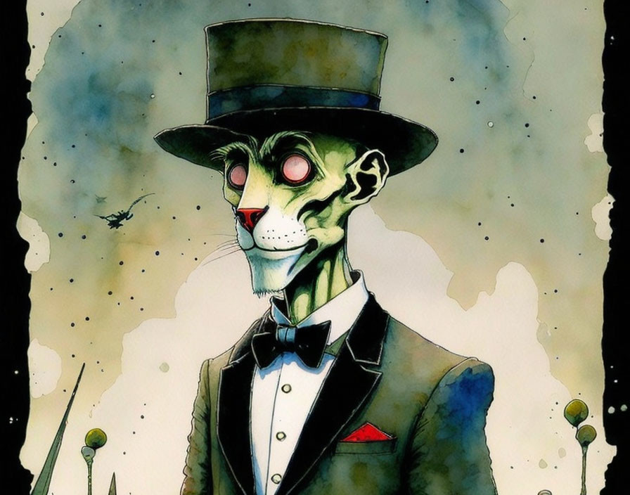 Skeletal humanoid figure in suit, top hat, and bow tie on mottled background